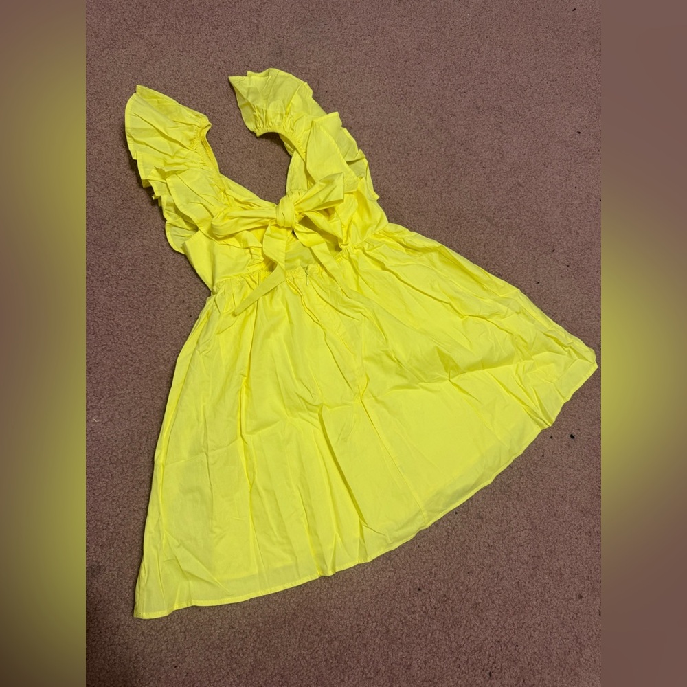 New small yellow short ruffle mini bow dress boho